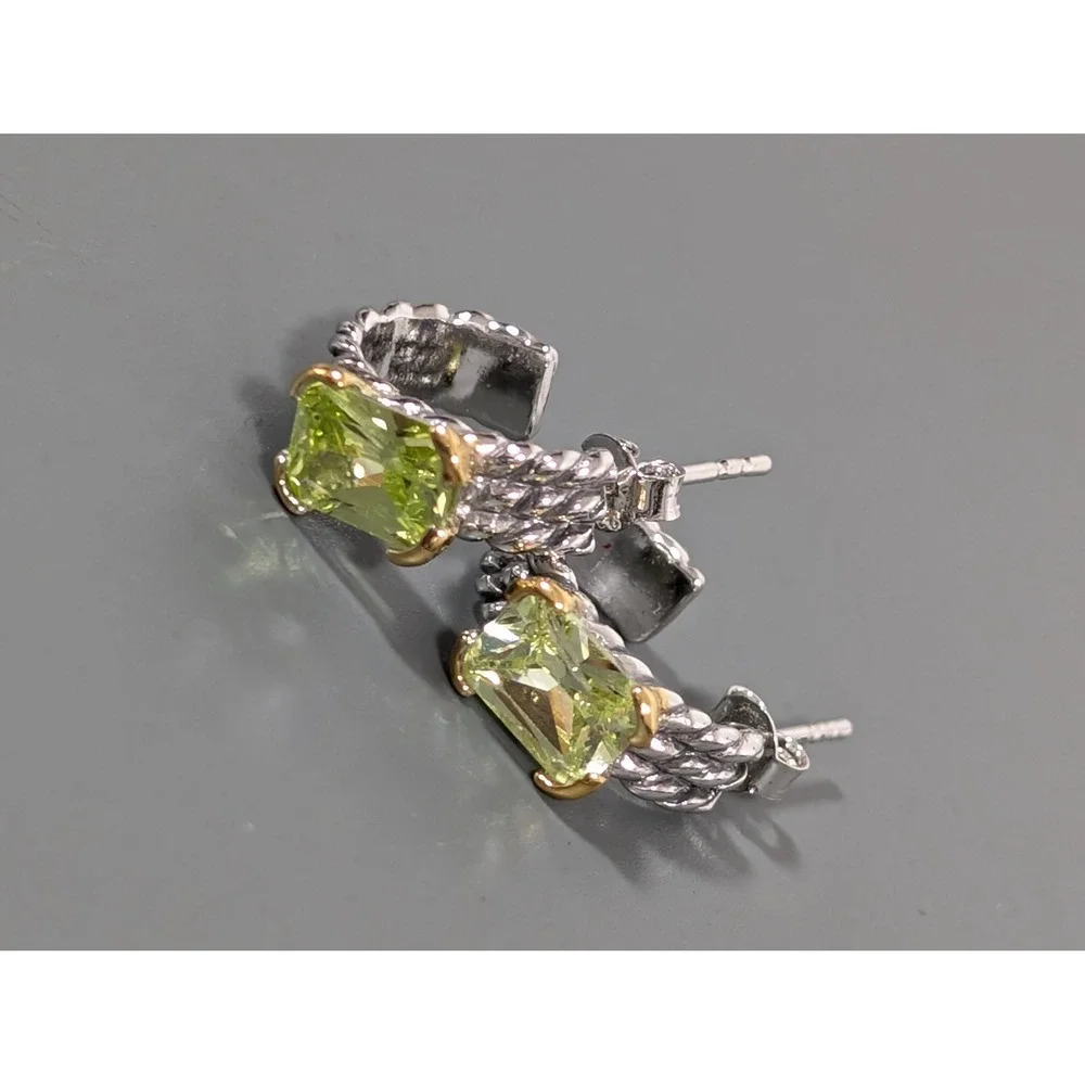 Silver‎ Tone Cable Huggie Hoop Earrings Green CZ Accent Pierced Designer Style